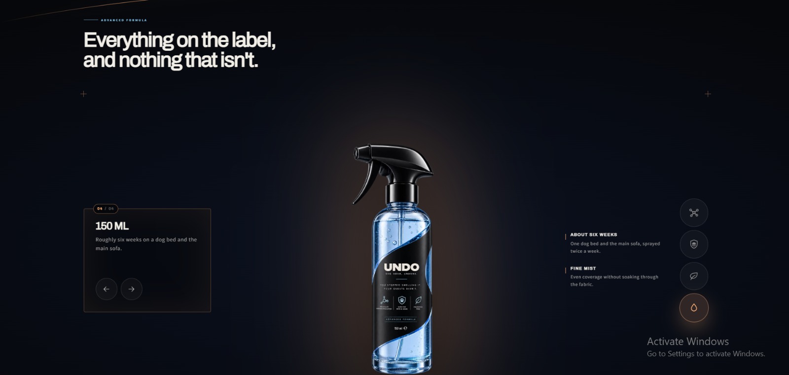 UNDO pet odor eliminator spray product page designed by WALE