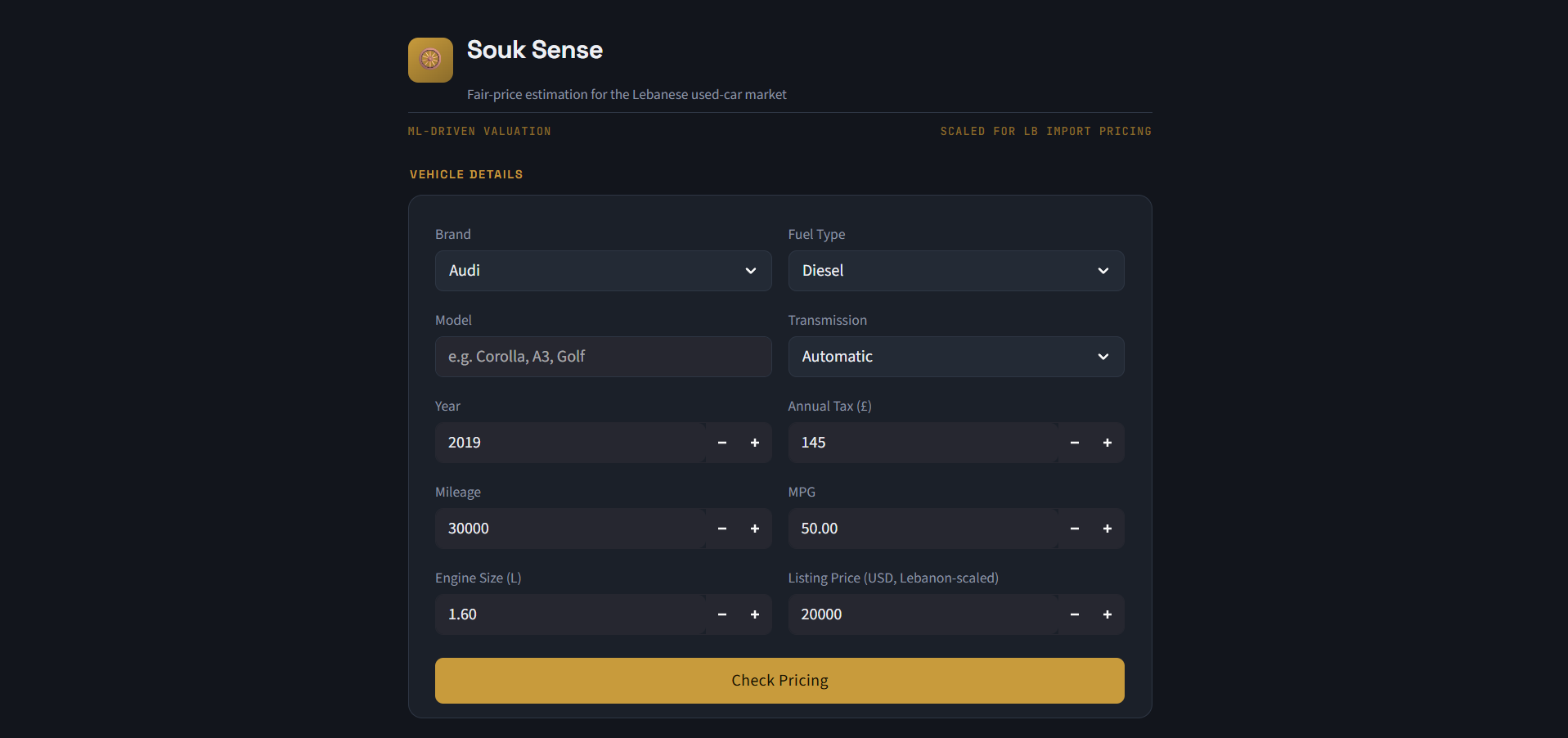 Souk Sense used car price estimation tool for the Lebanese market by WALE